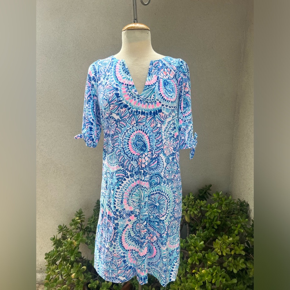 Lilly Pulitzer Short Dress Easley Cotton Sz Medium blues pink floral